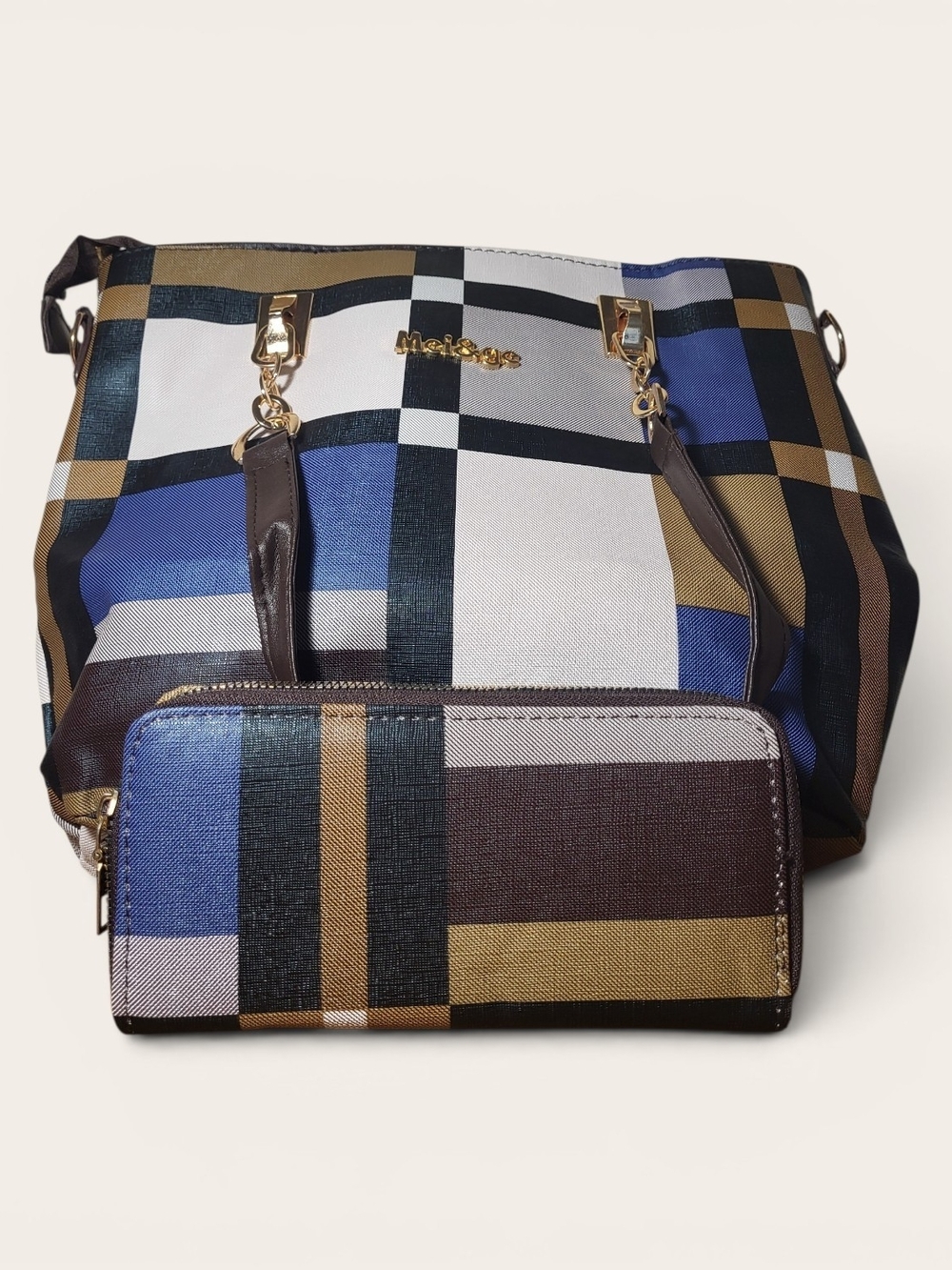 Plaid Shoulder Tote with Matching Wallet - Blue/Tan/Black/White